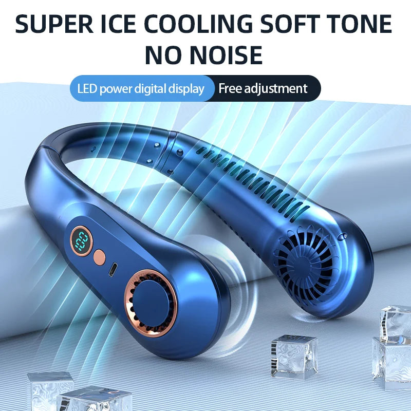3000mAh Portable Bladeless Neck Fan – USB Rechargeable, LED Display, Quiet Cooling Air Cooler